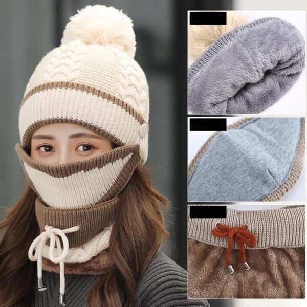 3peace Hat With Neck Warmer And Mouth Mask Thick Warm Winter Cap Scarf Face Cover Set For Ladies - Image 5